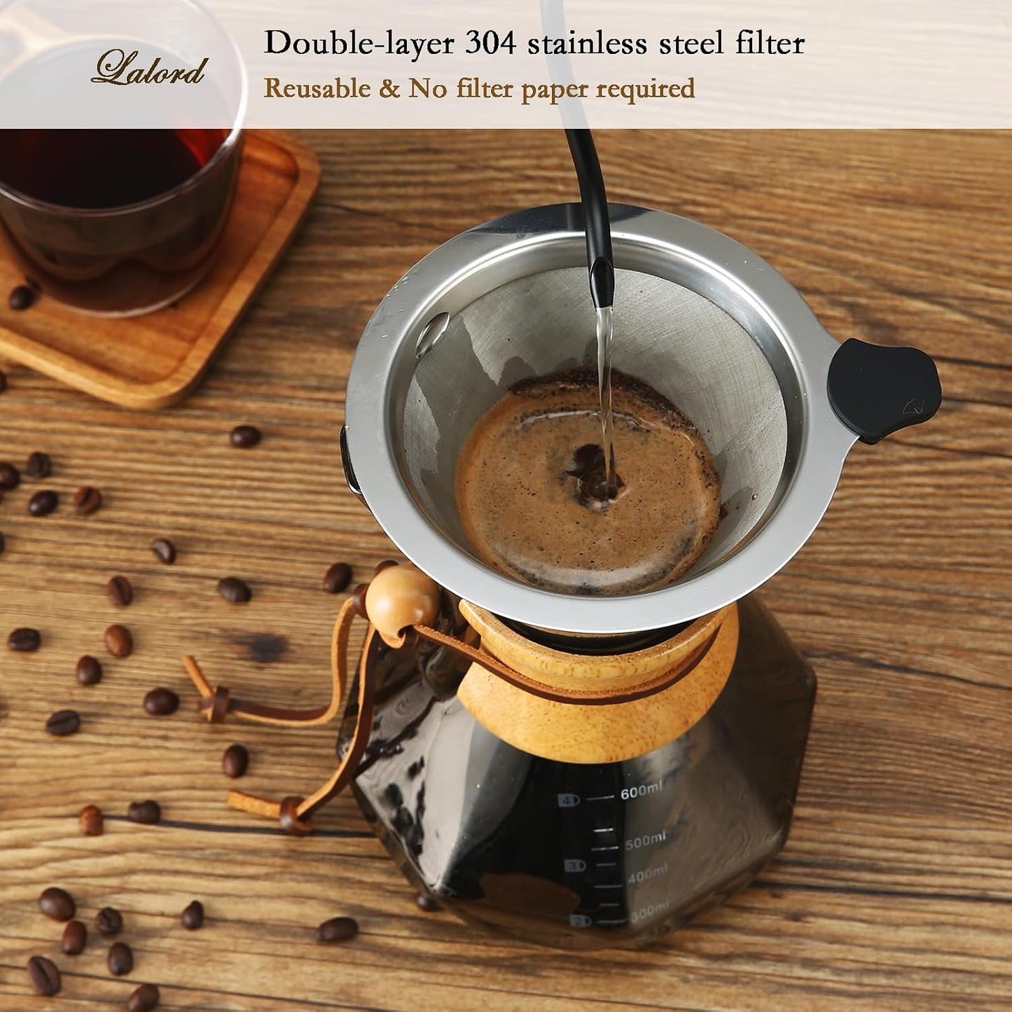 Pour Over Kaffeebereiter mit Edelstahlfilter 600 ml, 600 ml(Steel Filter, Gray)
