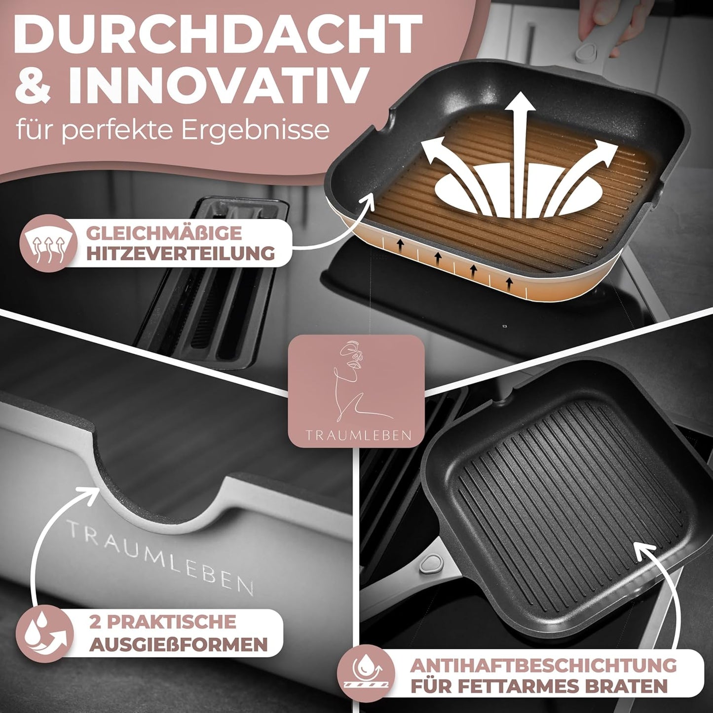 Grillpfanne mit Ausguss & abnehmbarem Griff, Grau