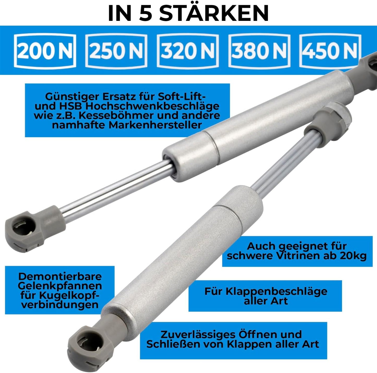 Gasdruckfeder 200N Ersatz-Set (2 Stück), 1 Paar 200 N
