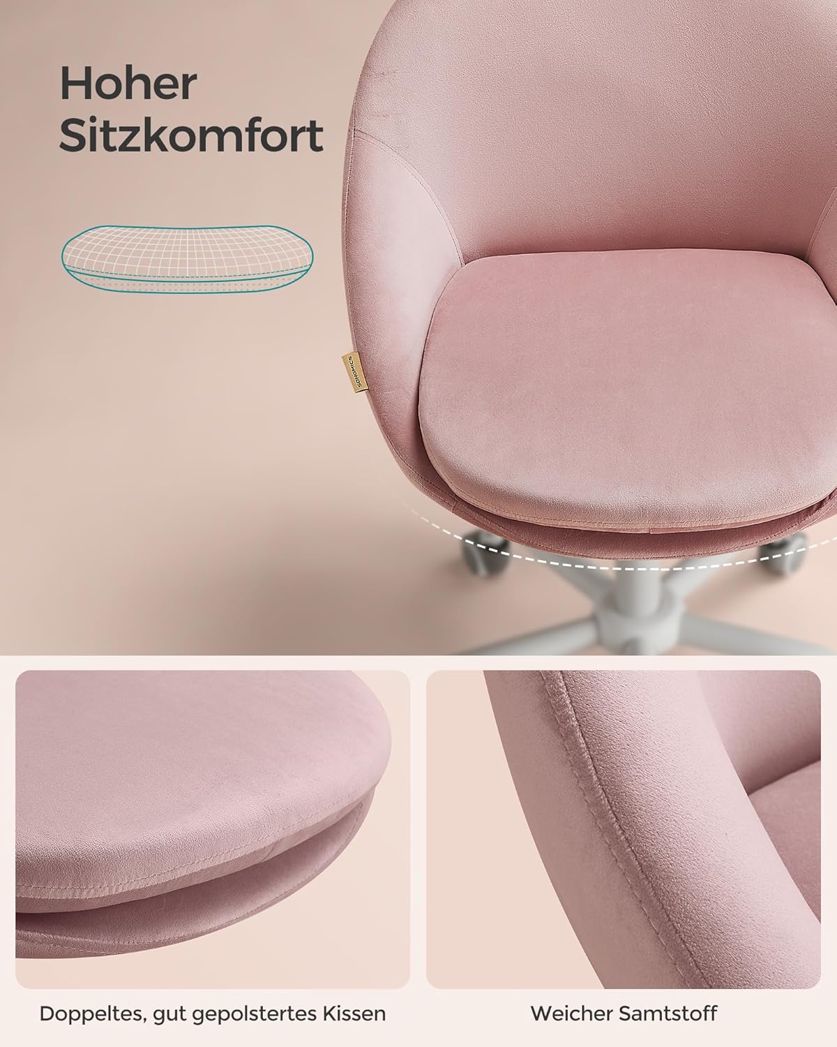 SONGMICS Homeoffice Stuhl, Pastellrosa Samt