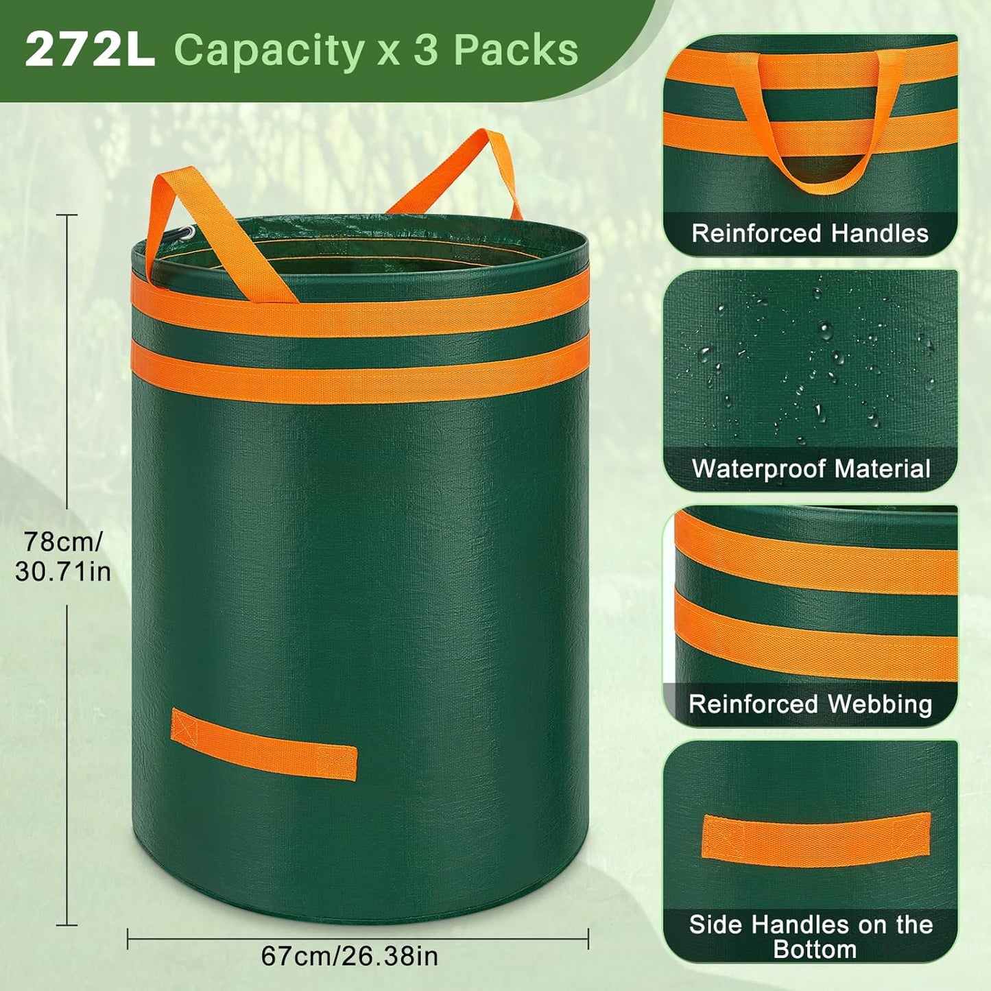 3-teiliges Gartenabfallsack-Set selbststehend mit Griffen, Grün-272l