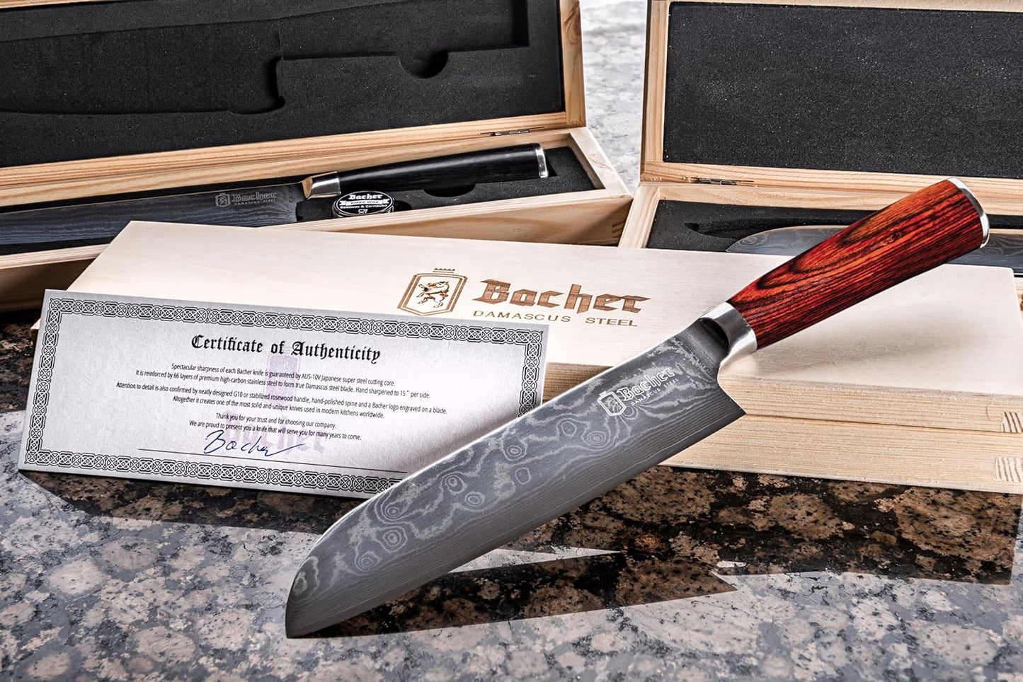 Santokumesser mit Holzkiste, Damast Santokumesser 18cm Holz
