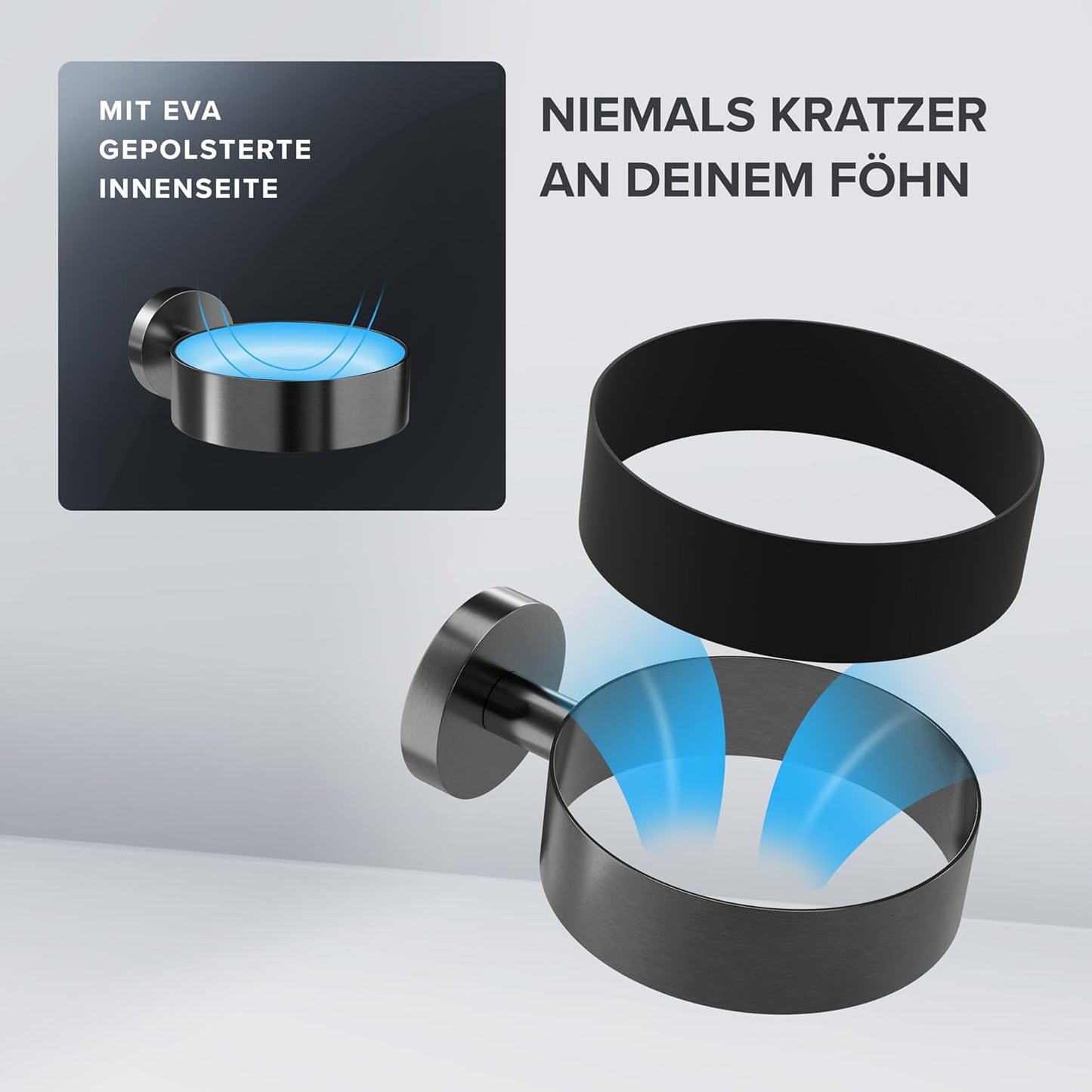 Haartrocknerhalter zur Wandmontage mit Fönpolsterung, Gunmetal Zum Bohren