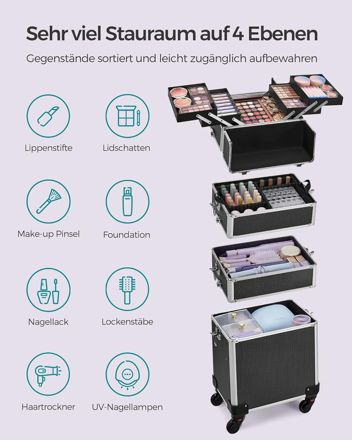 4-in-1 Schminkkoffer, abschliessbar mit Rollen, Schwarz 35 x 25 x 79 cm