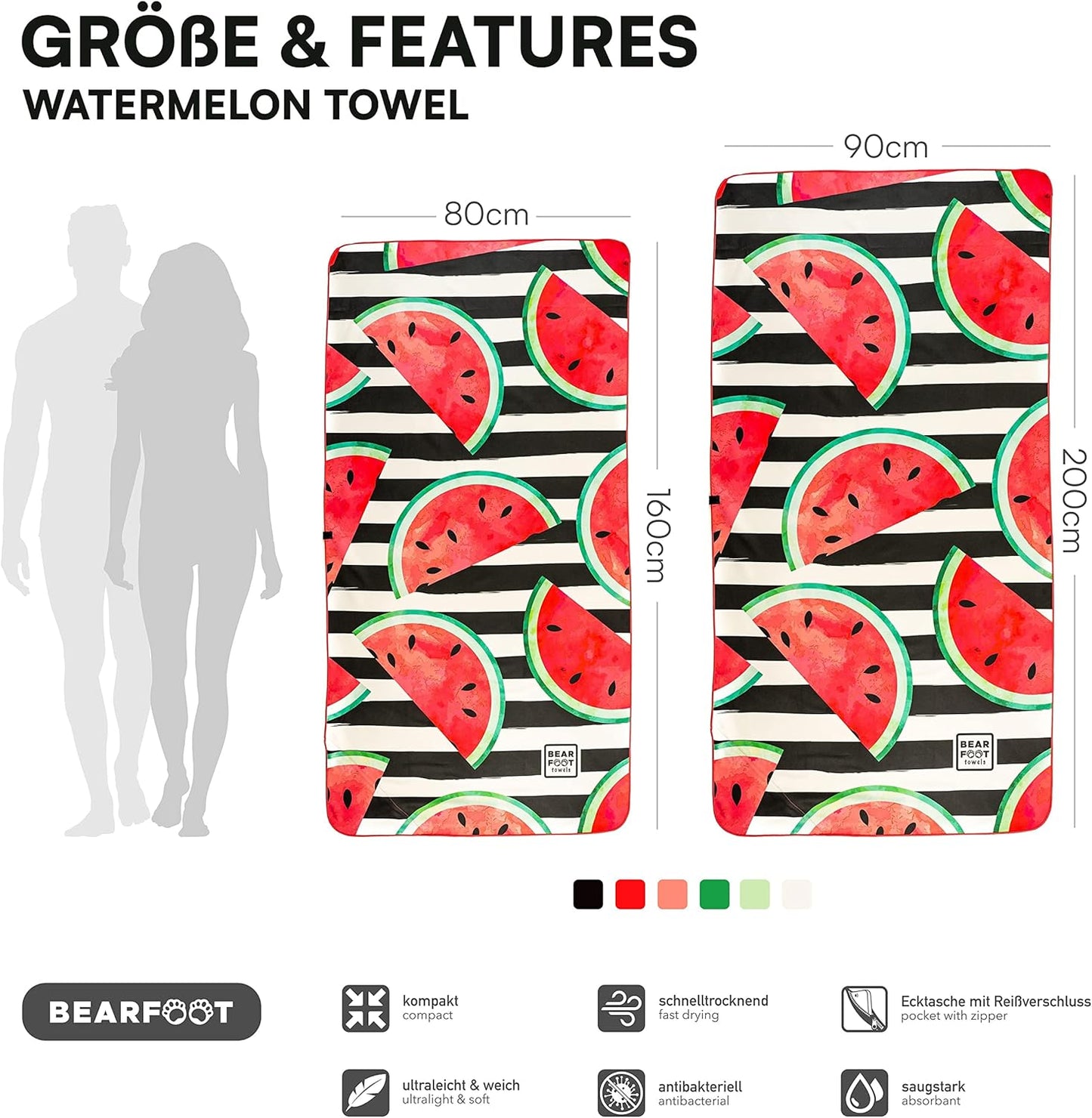 Mikrofaser-Strandtuch XXL mit Tasche (200x90cm), 200x90cm Watermelon/Wassermelon