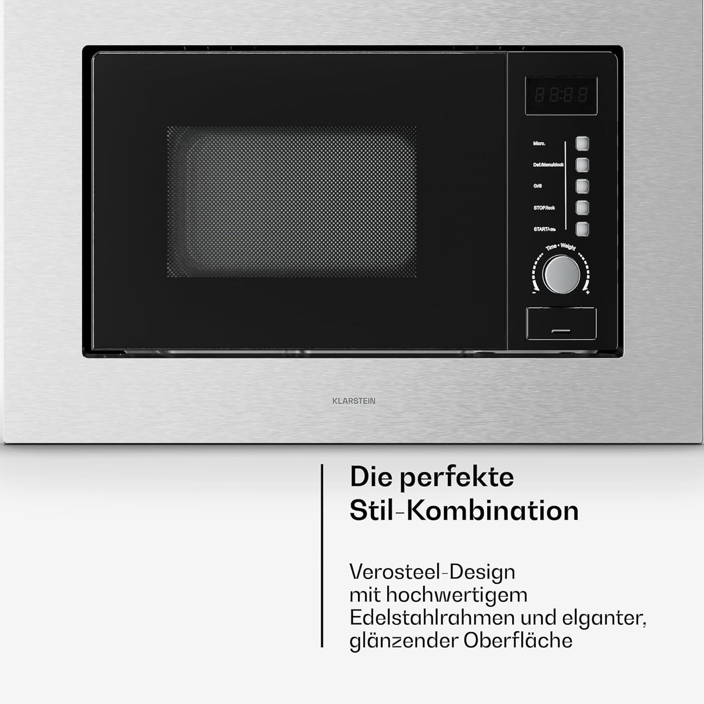 Einbaumikrowelle Verosteel mit Grill, 8 Programme, Auftaufunktion, 20L Edelstahl