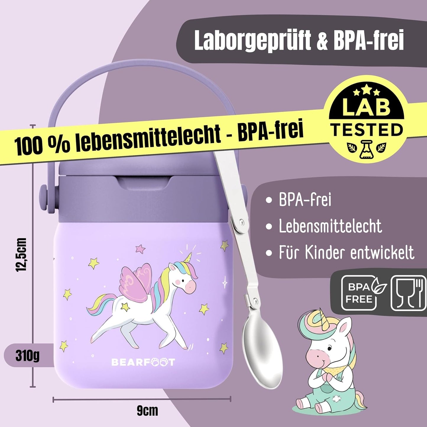 Einhorn-Thermobehälter mit Löffel, Einhorn - Lila 500ml