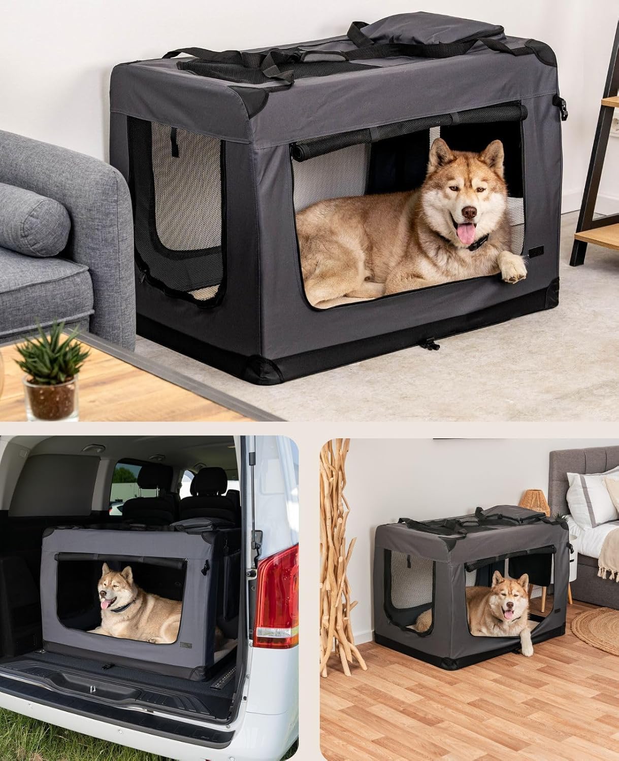 Faltbare Hundetransportbox mit Tragegriffen und Taschen, Grau XXXL: 101x69x70 cm
