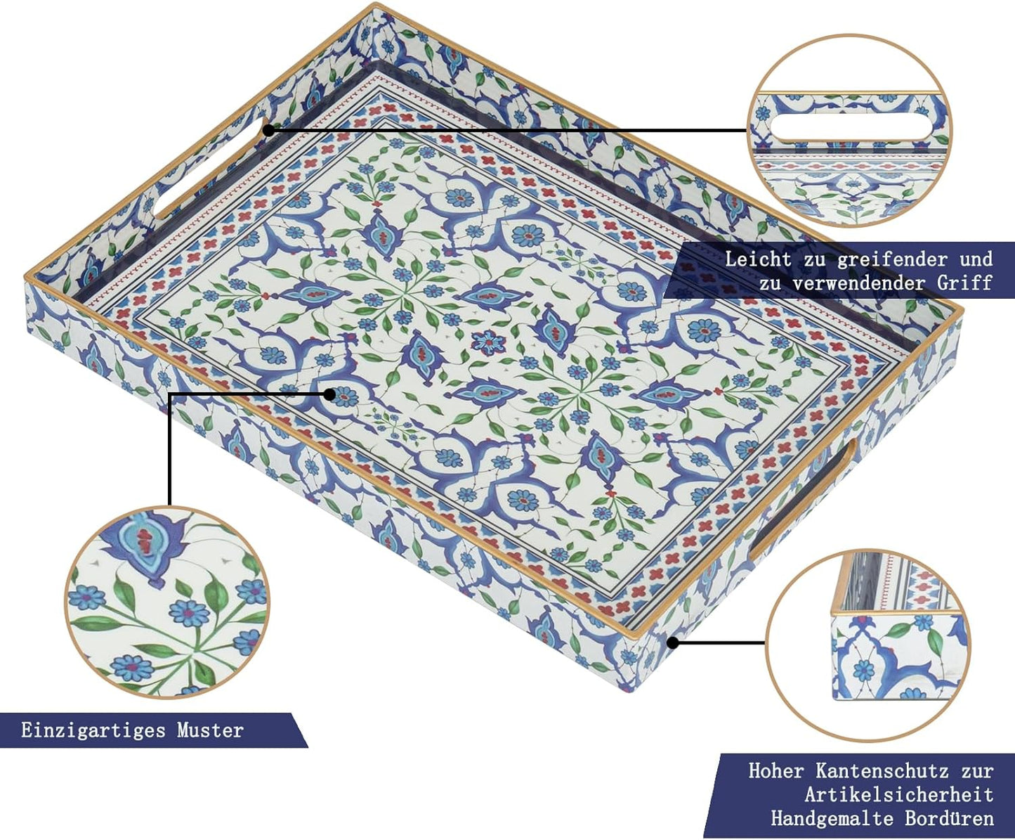Rechteckiges Serviertablett 40x30 cm, Hellblau 40 x 30 x 4 cm Boho