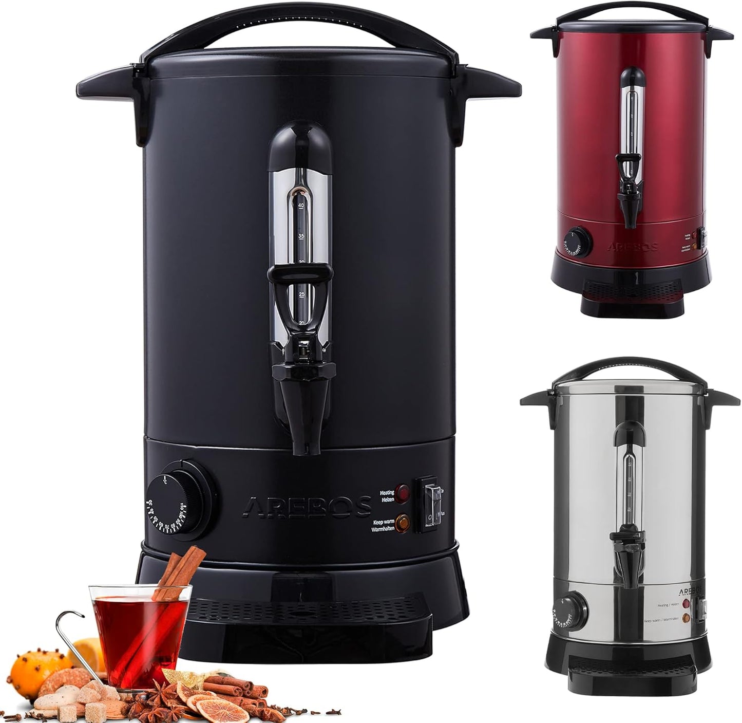 3in1 Glühweinkocher mit Auffangschale, Auslasshahn & Thermostat, Schwarz