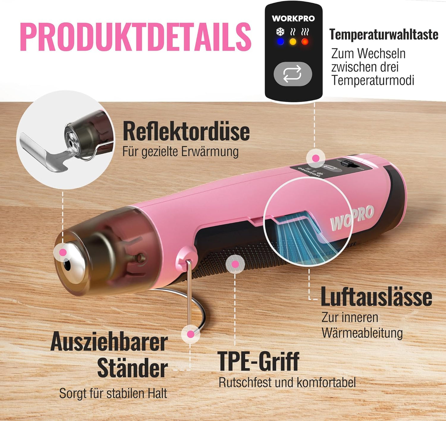 Mini-Heissluftpistole mit Schrumpfschläuchen, Rosa & Schwarz