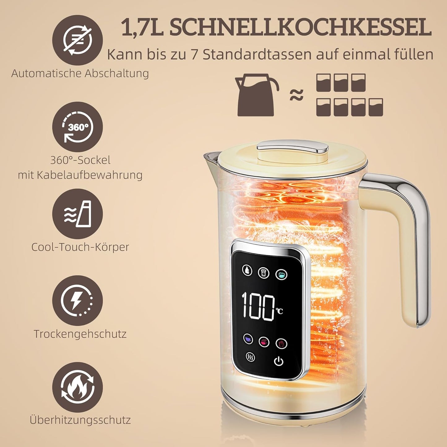 Wasserkocher-Toaster Frühstücksset mit LED-Touchscreen, Cremeweiß