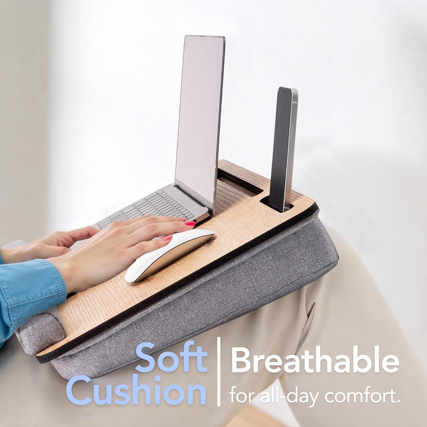 Laptoptisch mit Kissen, Eiche & Grau