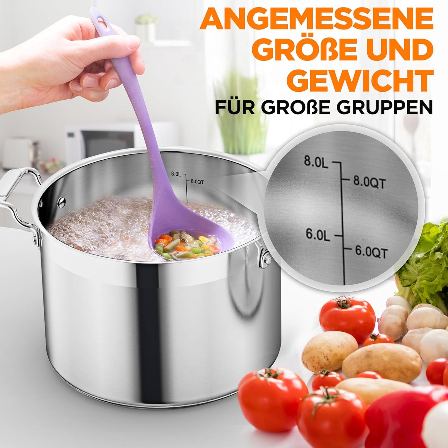 Induktionstopf Edelstahl 8 L mit Deckel, 8 Liter
