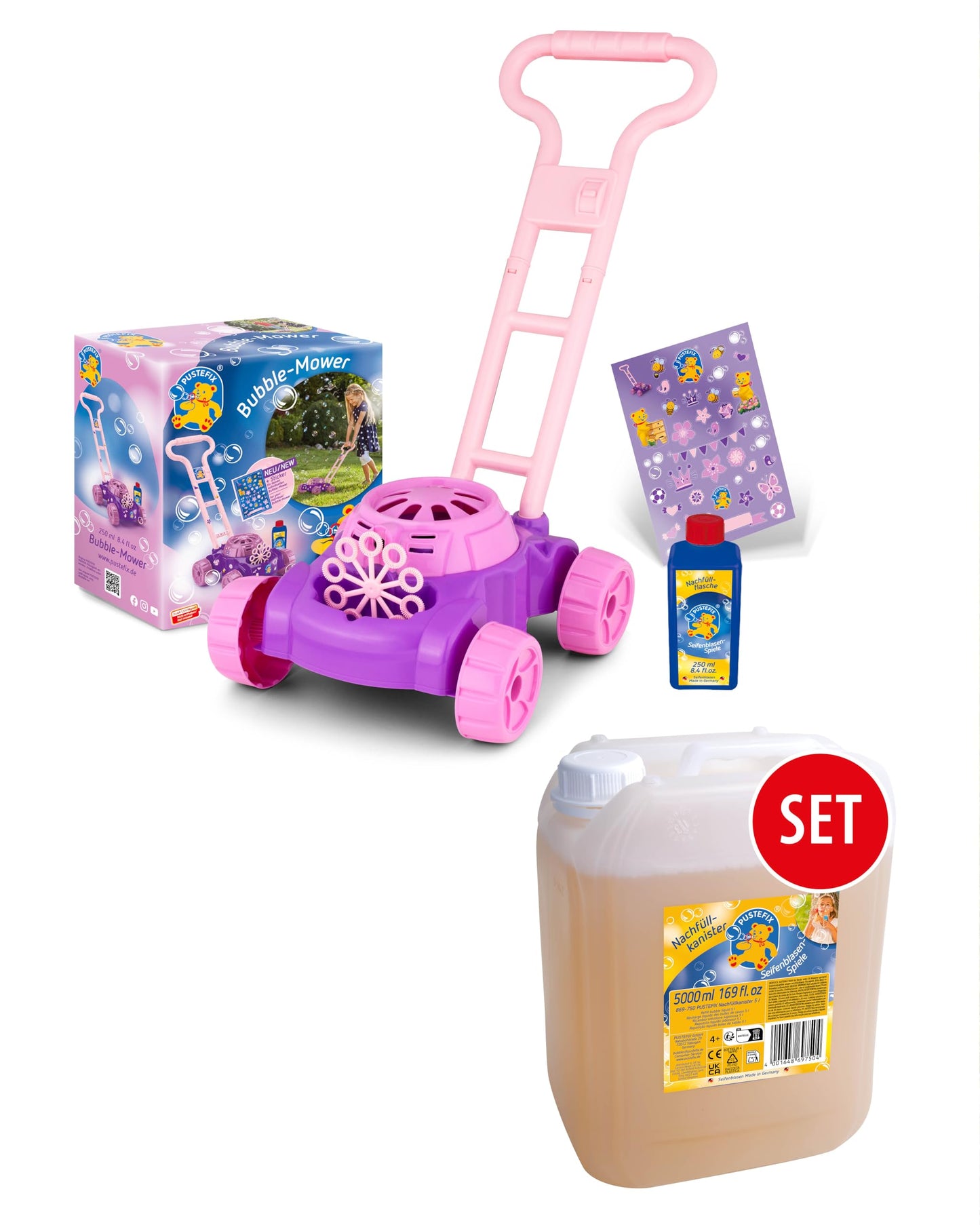 Bubble-Mower Rasenmäher mit Seifenblasen-Set, PUSTEFIX Bubble Mower + 5L Nachfüllkanister