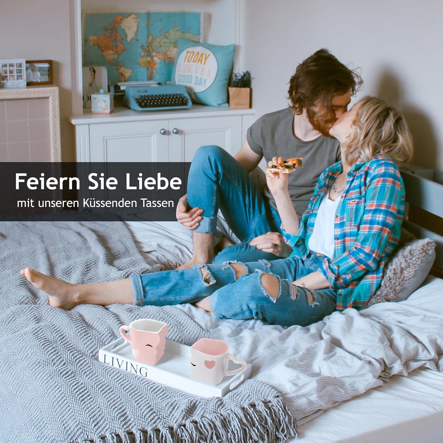 Küssende Kaffeetassen für Paare & Romantiker, Rosa