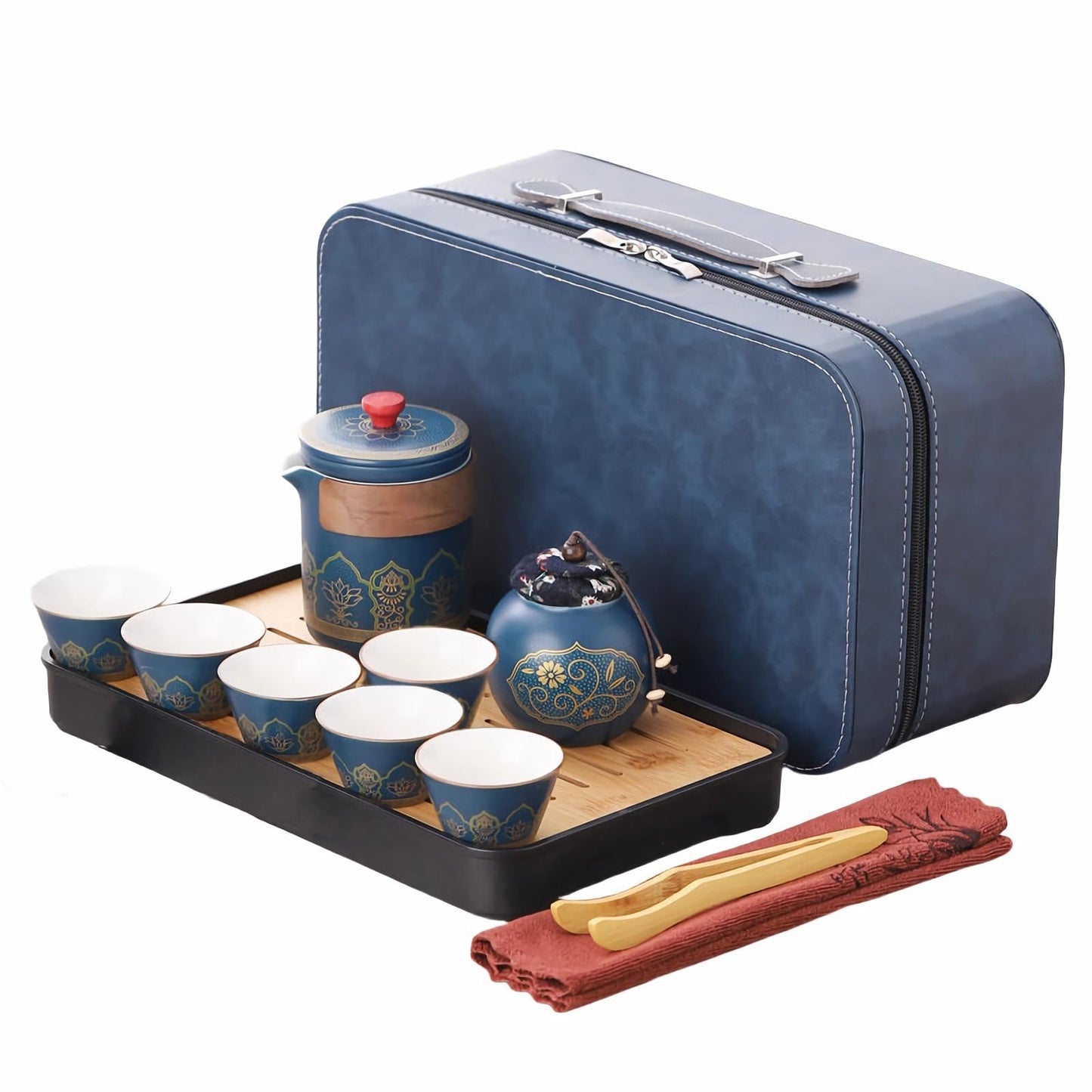 Porzellan Teeservice mit 6 Tassen & Teekanne, A-blau