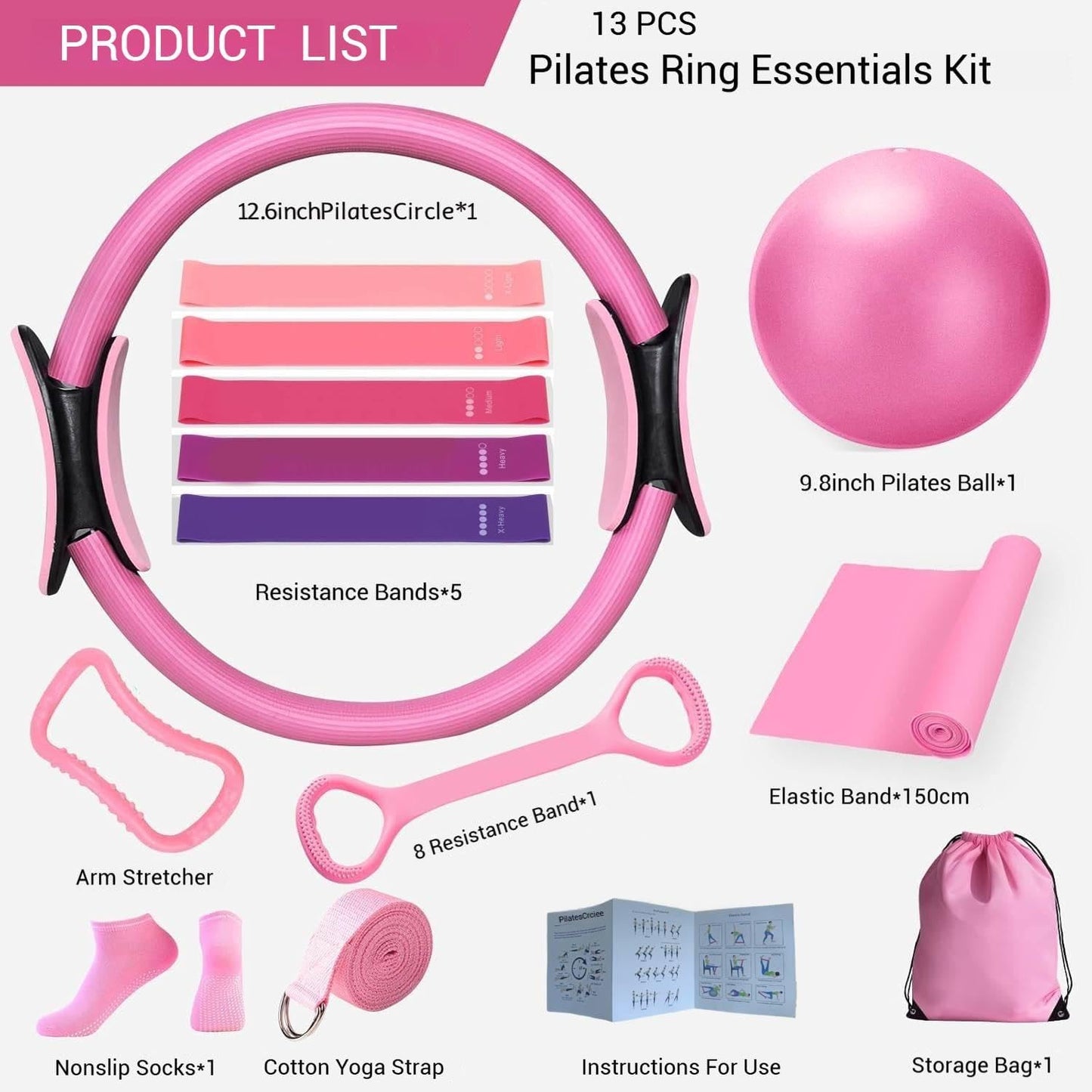 13-teiliges Pilates-Set, Rosa