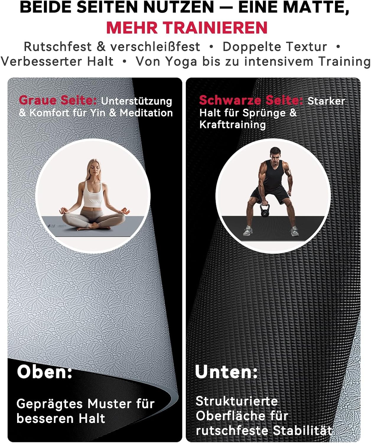 Extra grosse Yogamatte mit Zubehör (183x91x0,6 cm), U-PVC-Grau/Schwarz-183cmx91cmx6mm