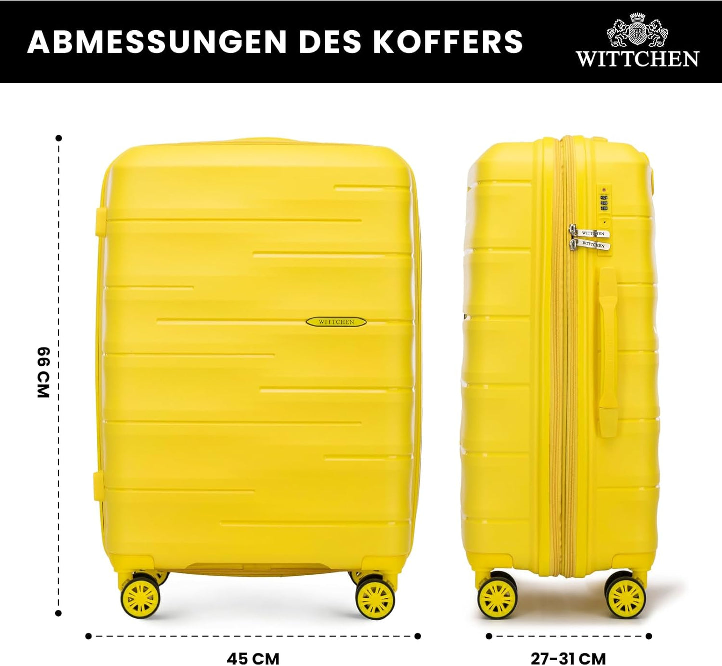 Mittelgrosser Reisekoffer mit TSA-Schloss und Rollen, Gelb 66 x 45 x 27 cm