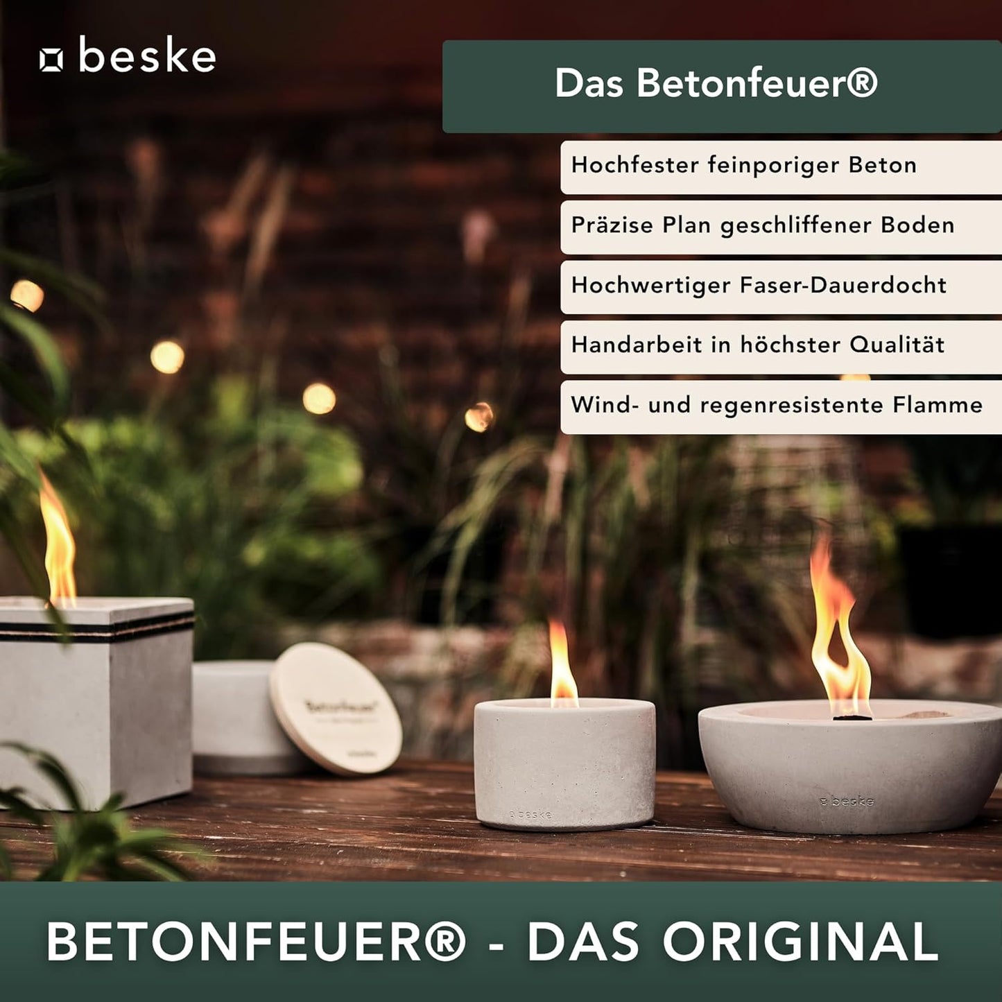 Betonfeuer-Set Fuego inkl. Ständer & Wachs, 'Fuego' (17x17x17) inkl. Ständer und Wachs