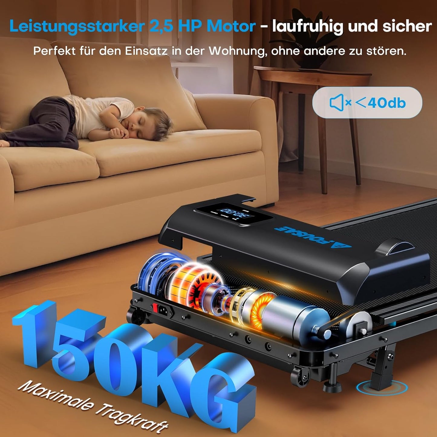 Walking Pad Laufband mit Steigung, Schwarz-Blau 4-in-1 mit Doppelter Stoßdämpfung