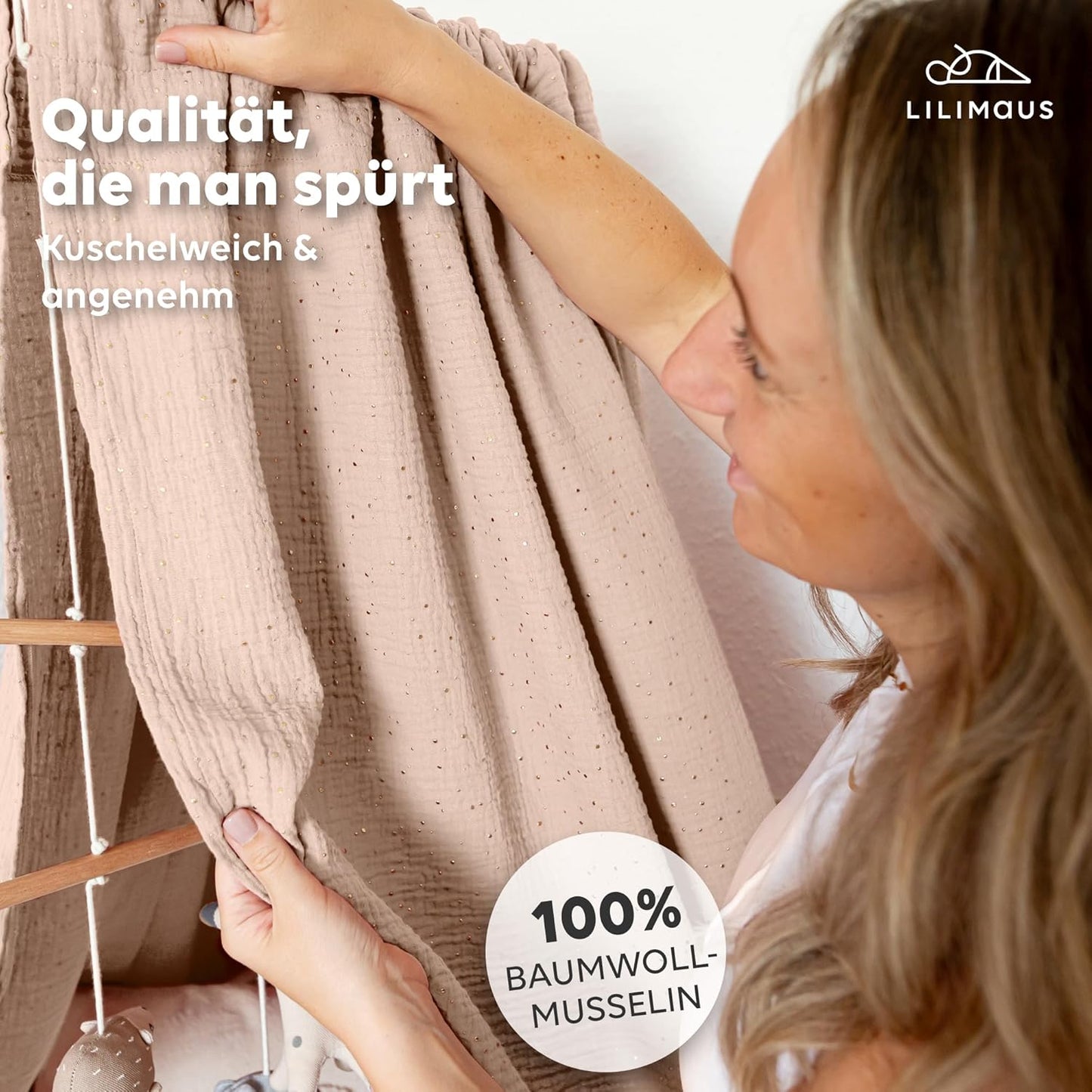 Betthimmel Babybett mit Goldapplikationen, Beigerosa ohne Himmelstange