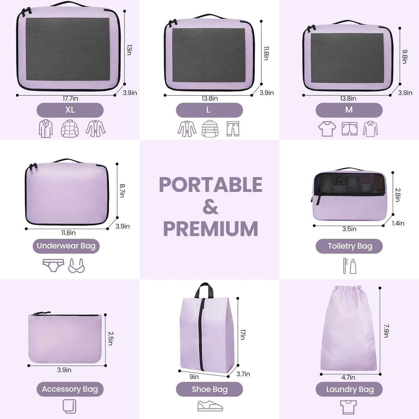 8er-Set Gepäck-Organizer, Violett