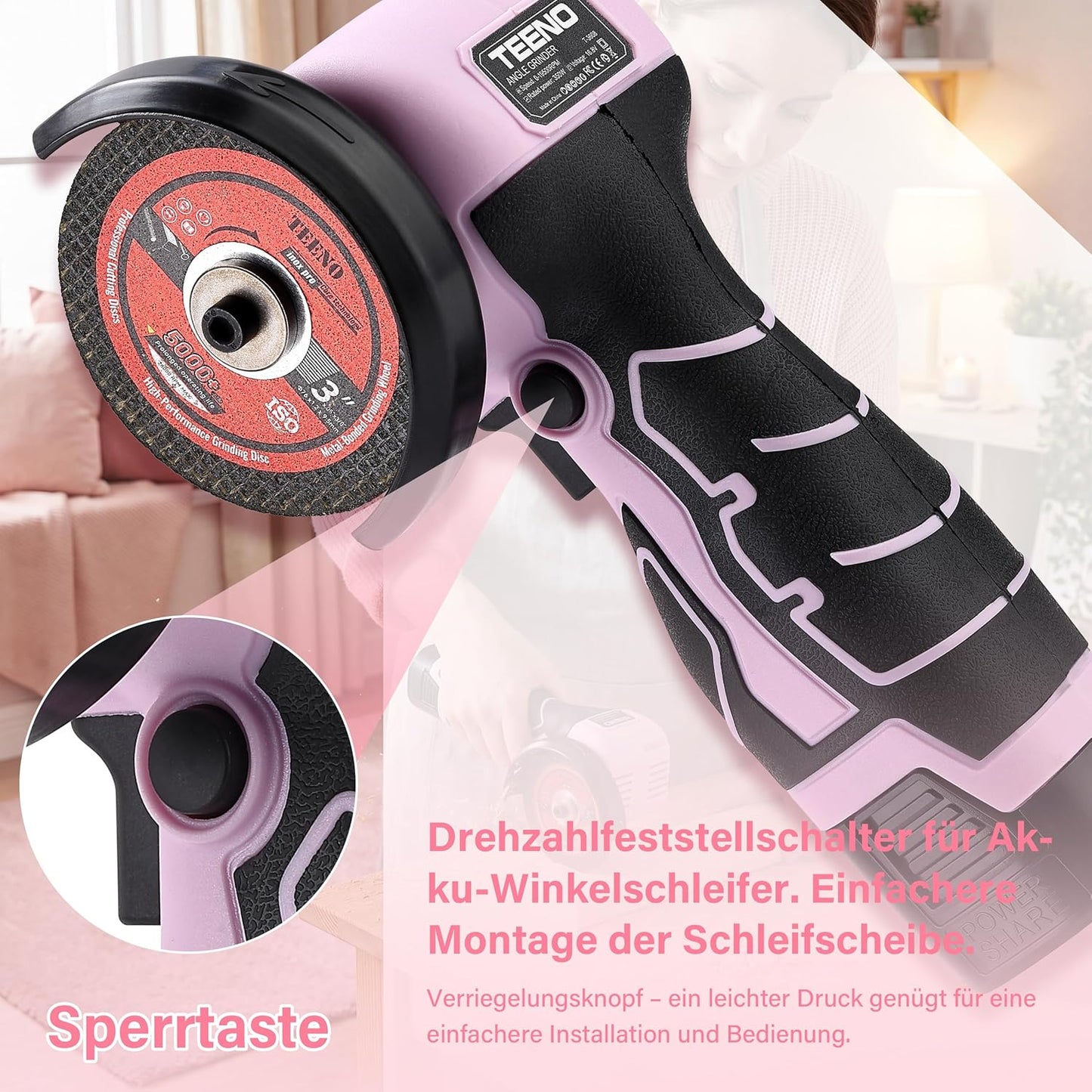 Mini-Winkelschleifer mit 2 Akkus, Rosa Winkelschleifer