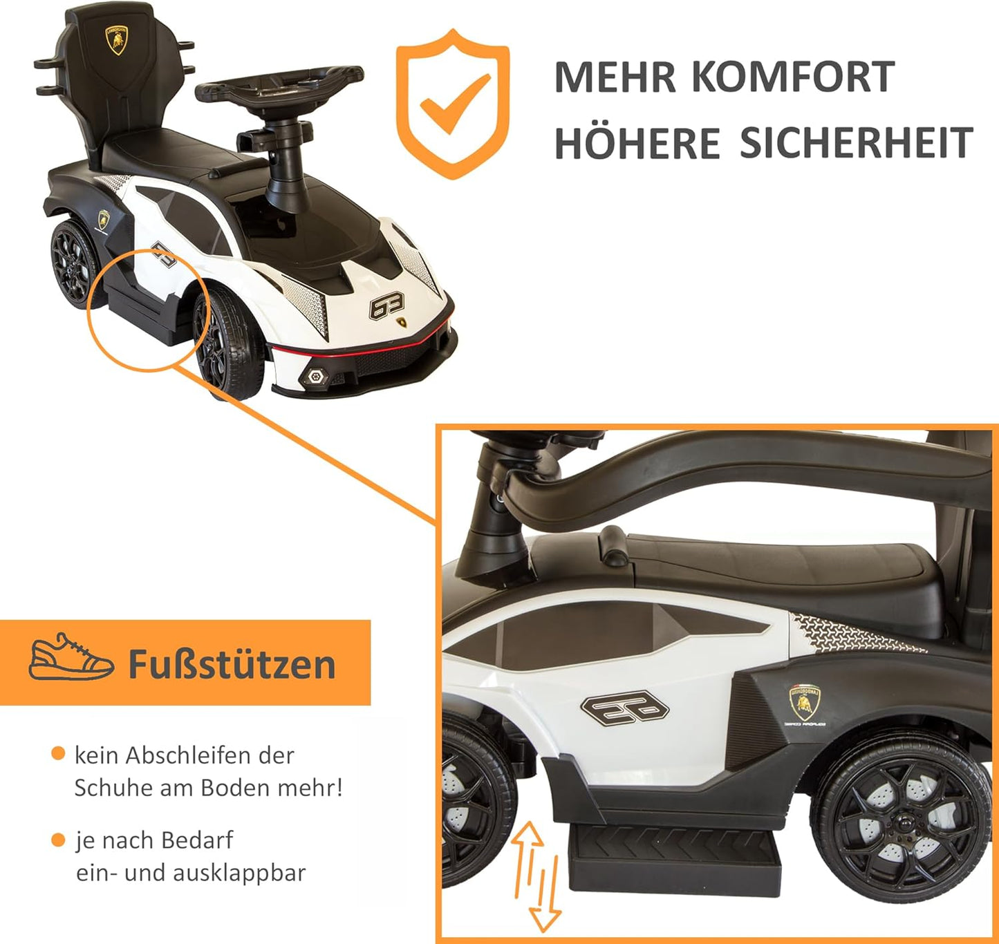 Rutschauto mit Schiebstange, Weiss