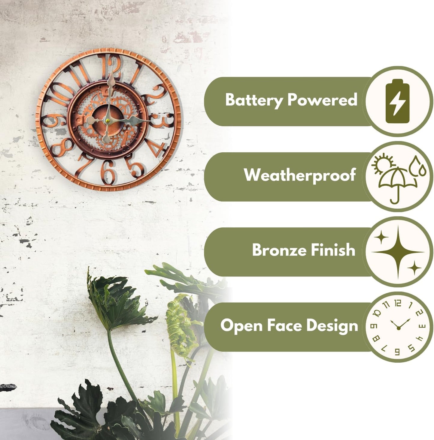 Wetterfeste Gartenuhr, Bronze Face Ouverte 30 Cm Horloge (Gclock6)