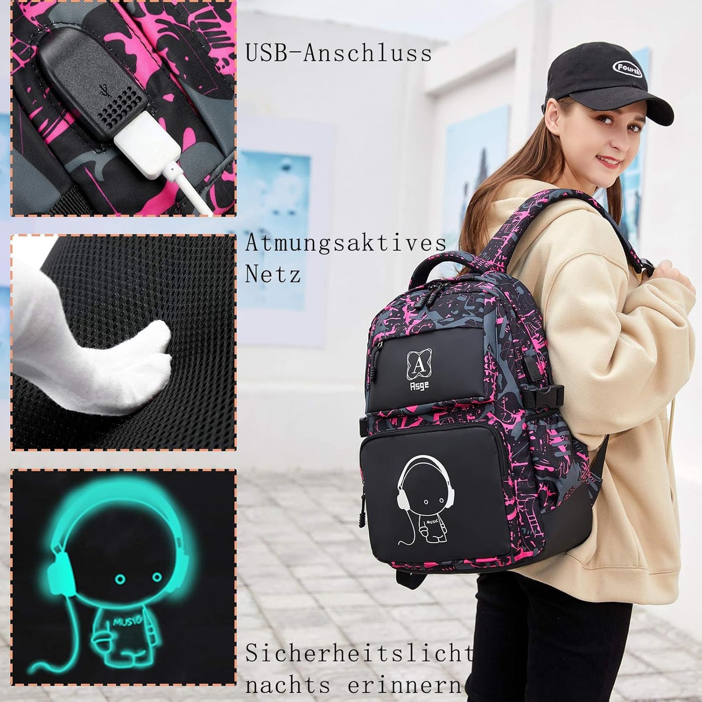 Rucksack für Teenager mit Reflektoren, Rosa