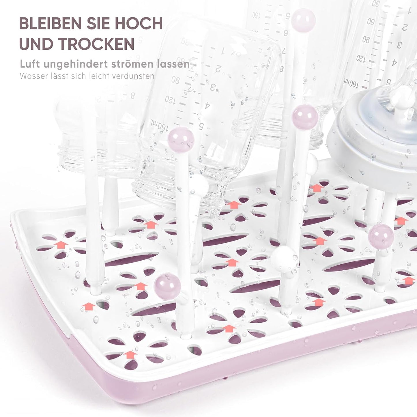 Trockenständer für Babyflaschen mit Abtropfschale, Rosa