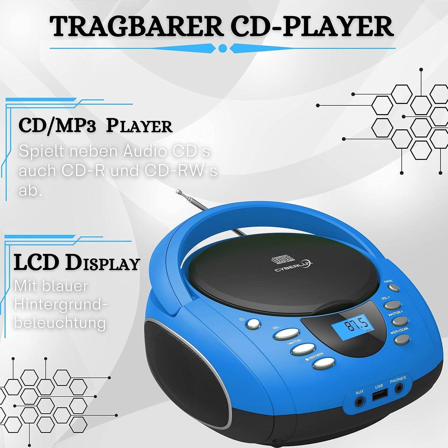 Tragbare Boombox mit CD-Player und Bluetooth, Blau