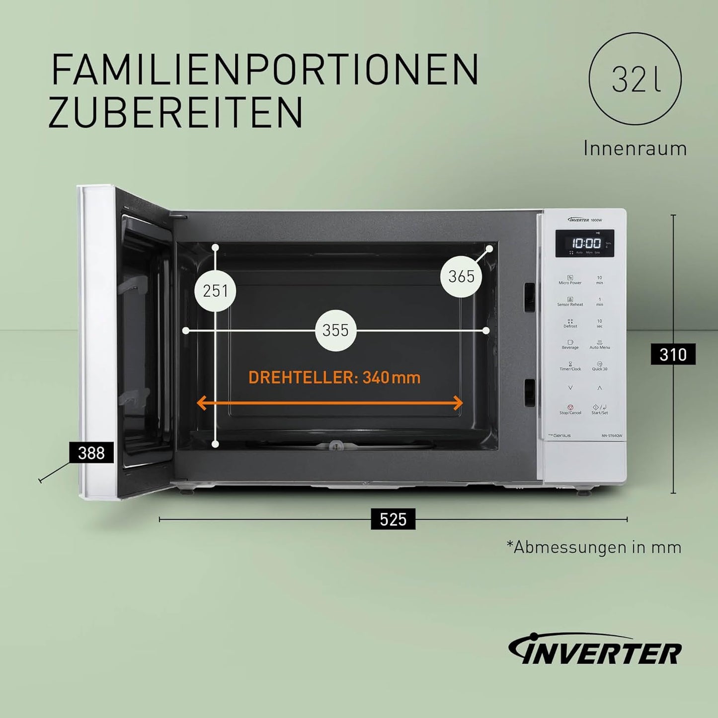 Inverter Solo Mikrowelle 32L mit Automatikprogrammen, Weiss