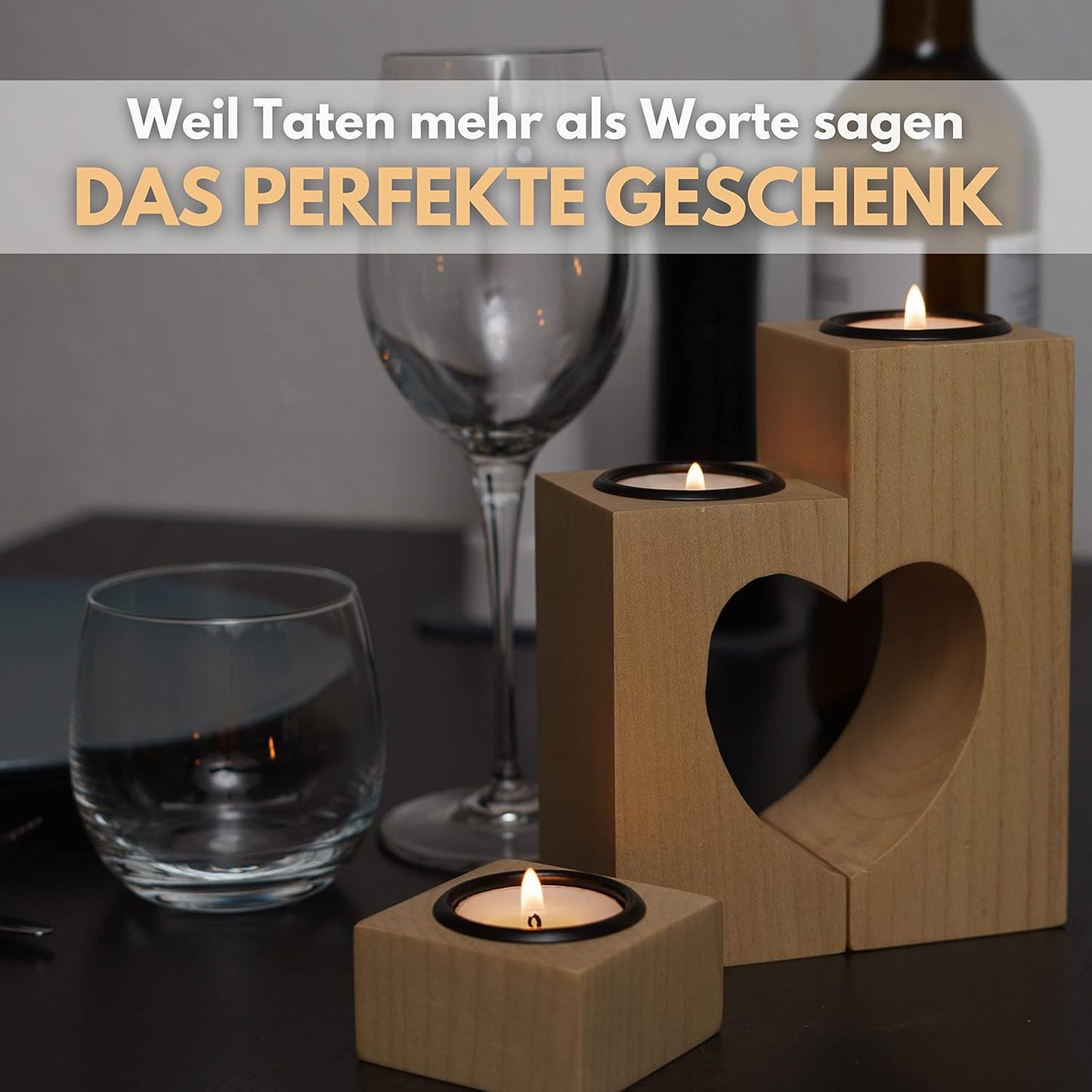 Herz Teelichthalter-Set aus Holz (3 Stück), Ahorn