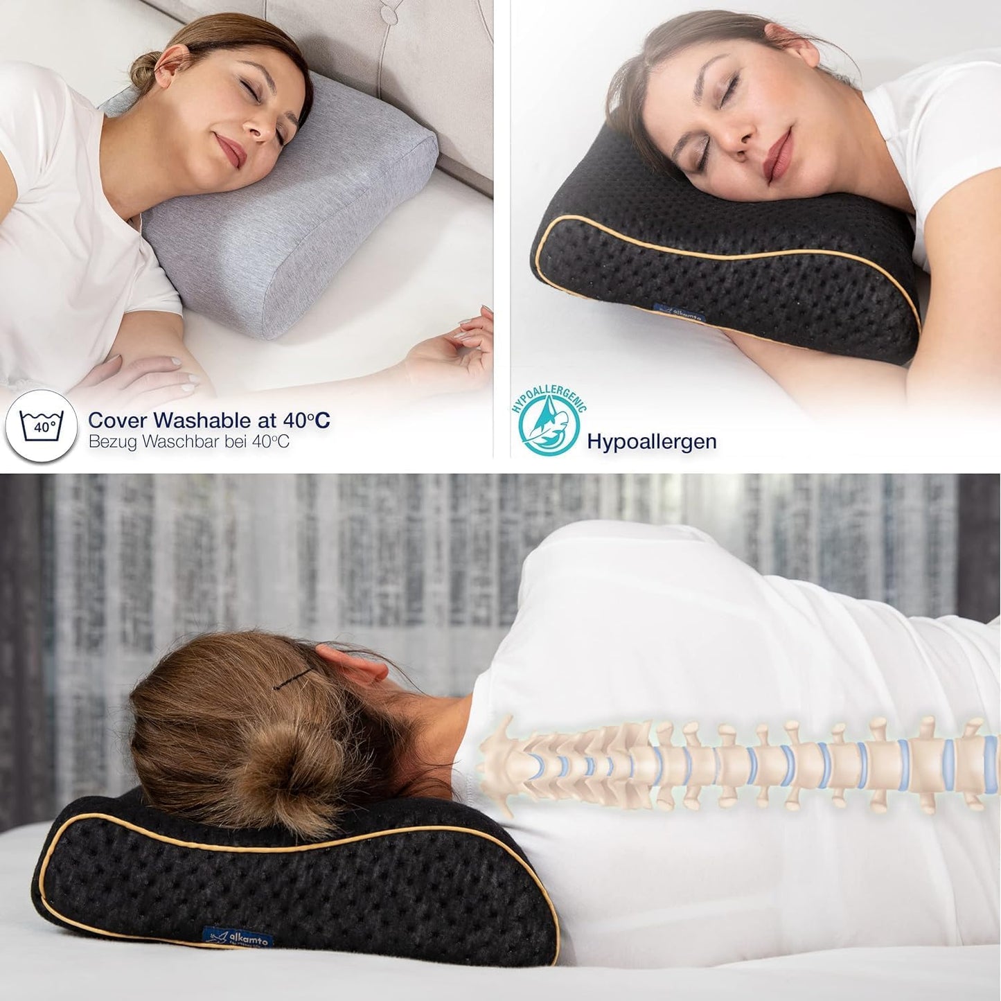 Ergonomisches Reisekissen mit Tasche, 35 X 30 X 10 / 8 Cm - Schwarz