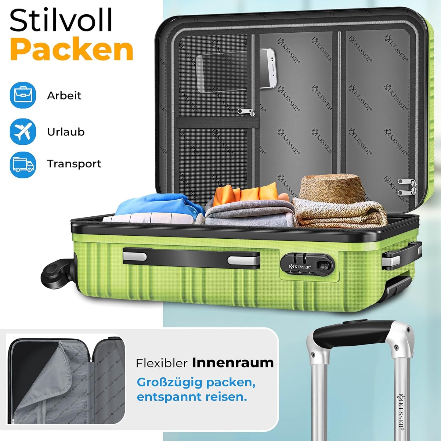 Handgepäck Trolley-Koffer 55L mit Zubehör, Handgepäck 55cm - 55L Hellgrün