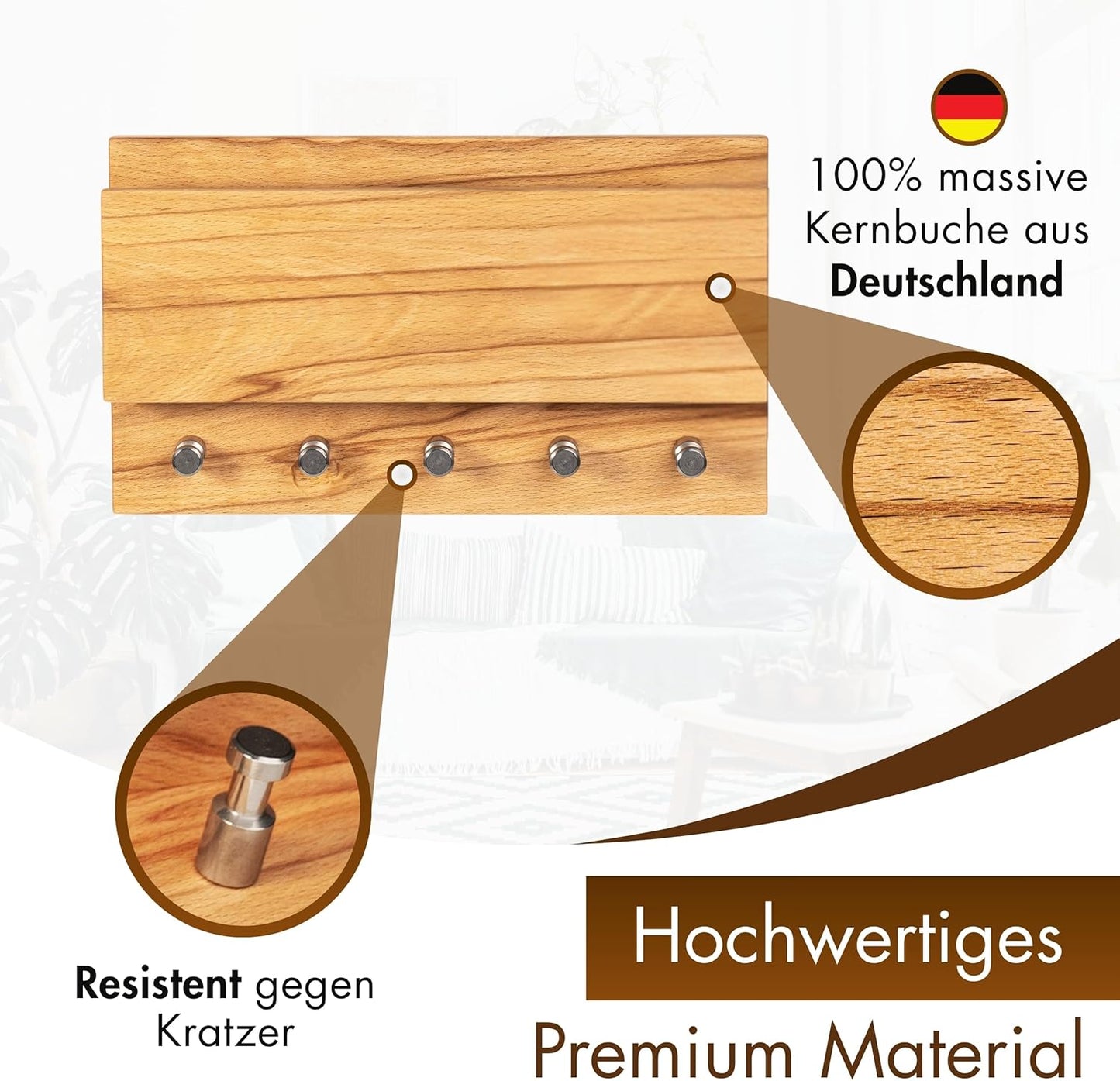 Schlüsselbrett mit Haken und Ablage, Kernbuche