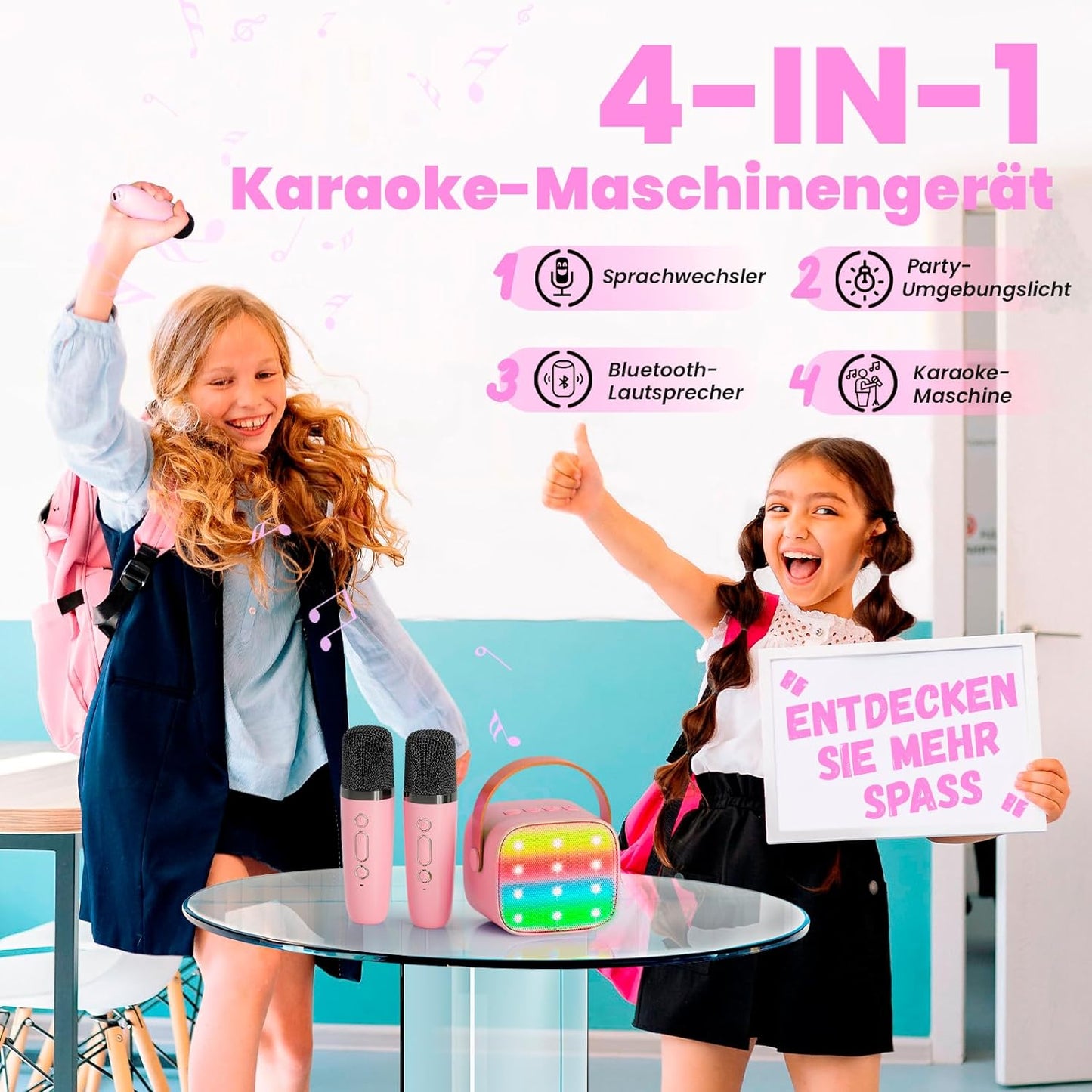 Karaoke-Maschine mit 2 Mikrofonen für Kinder, Ballerina Rosa-2 Mikrofone