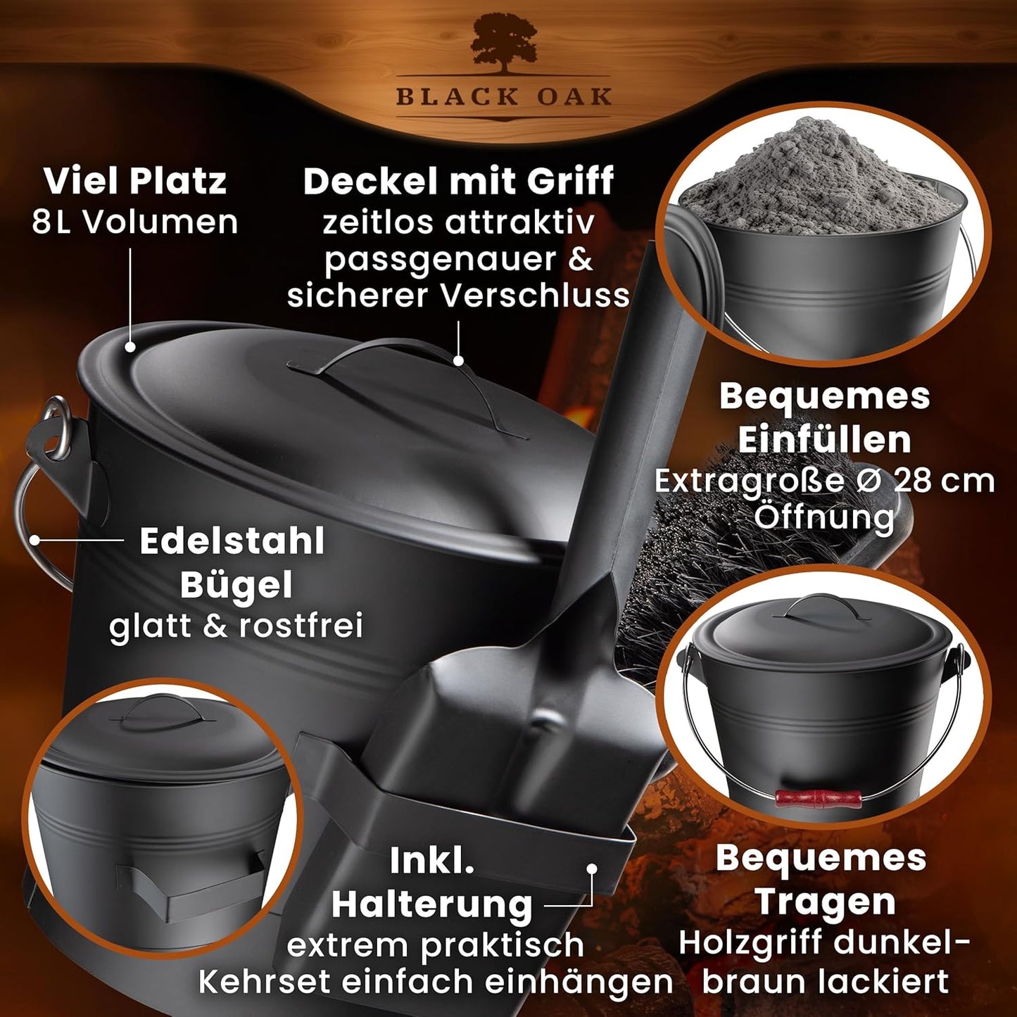 Ascheeimer-Set Lanin mit Kehrset & Handschuhen, Lanin 8L DUNKEL Eimer + Kehrset