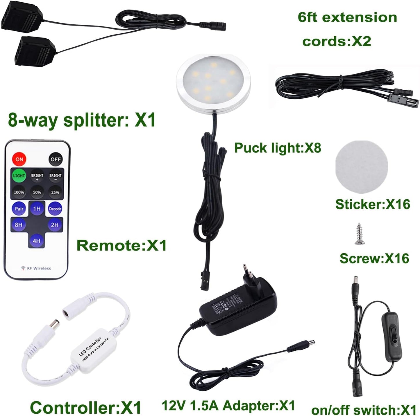 8er-Set LED-Schrankleuchten mit Fernbedienung, Warmweiss 2700k