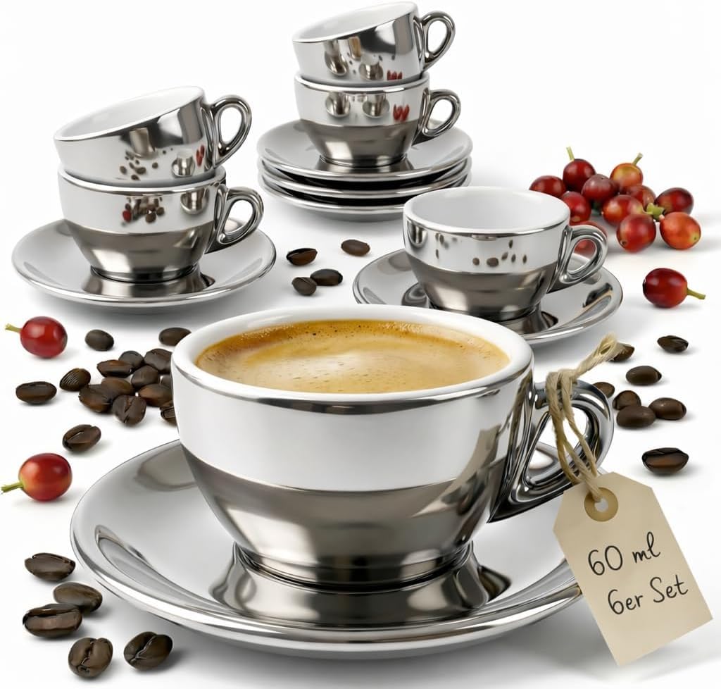 Espressotassen-Set mit Untertassen, Silber 60 ml