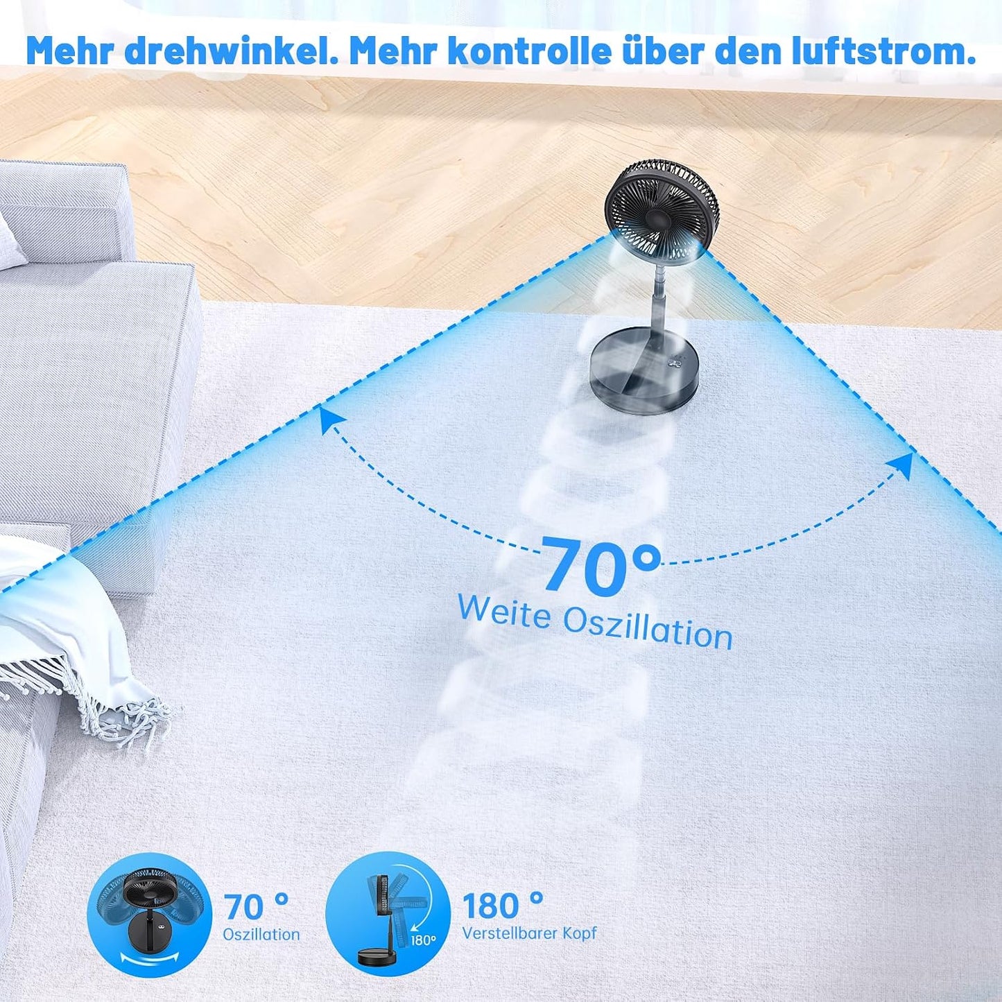 Tragbarer Ventilator, Schwarz 8,6-Zoll