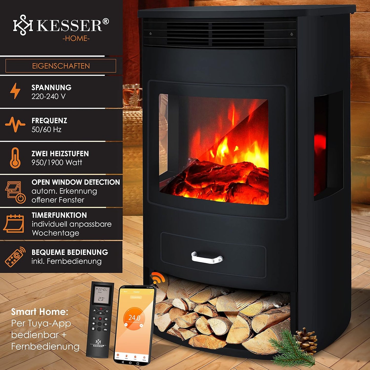Elektrokamin Prio mit LED-Flammeneffekt und Heizlüfter, Xtra-Large Schwarz