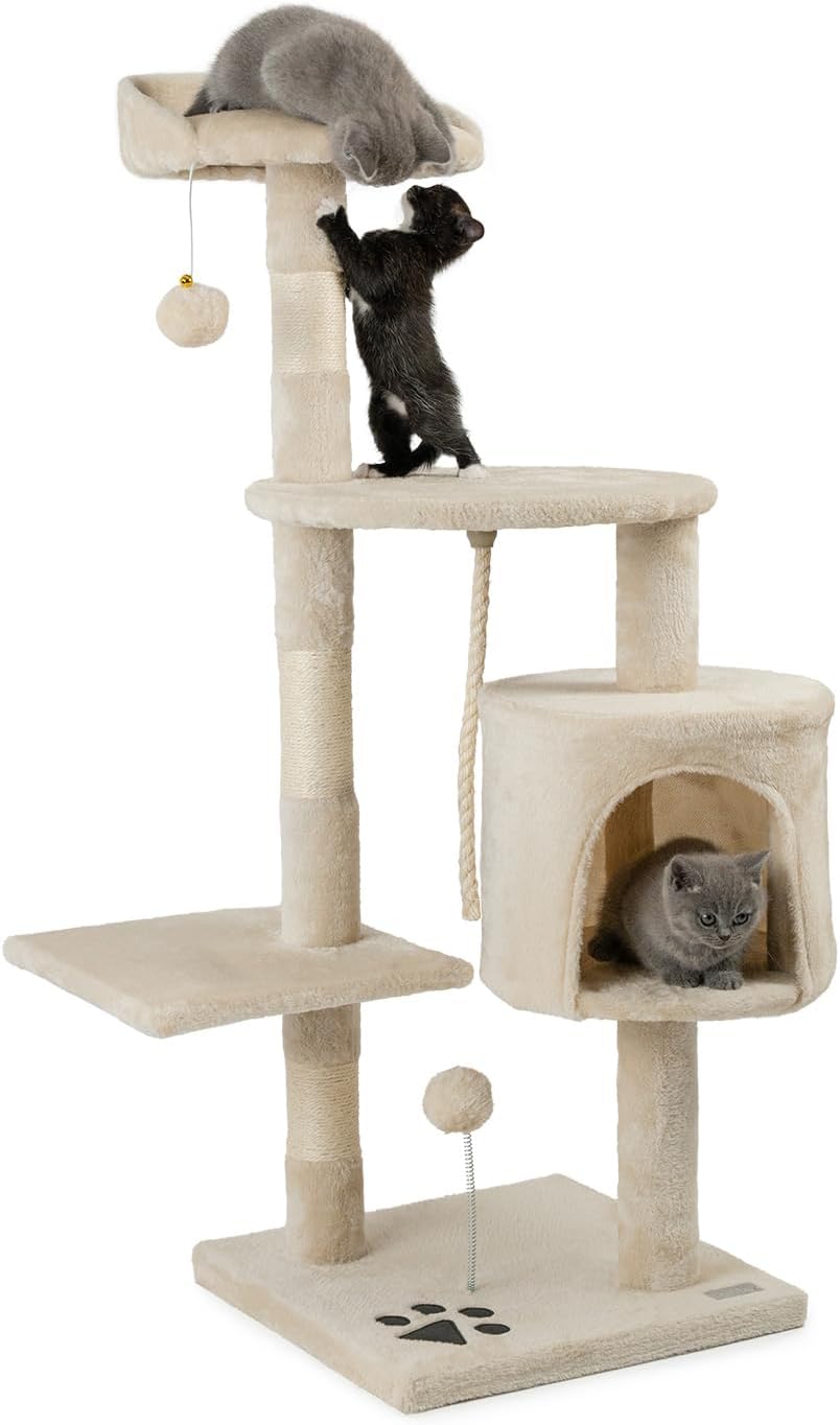 Katzenbaum mit Plüschbällen und Spielseil, Beige