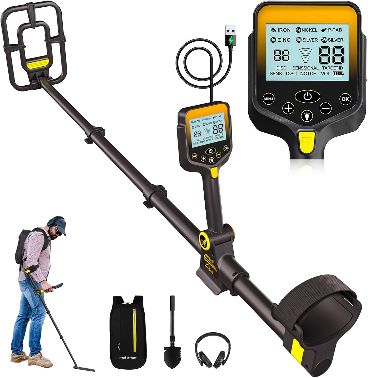 Metalldetektor mit LCD-Display und Teleskopstange, Gelb