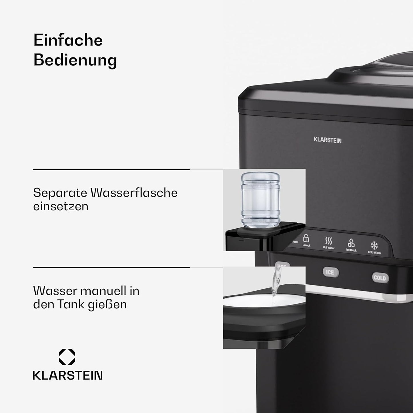 Eiswürfelmaschine mit Selbstreinigung, Schwarz 3 in1 Warmwasser Mechanisch