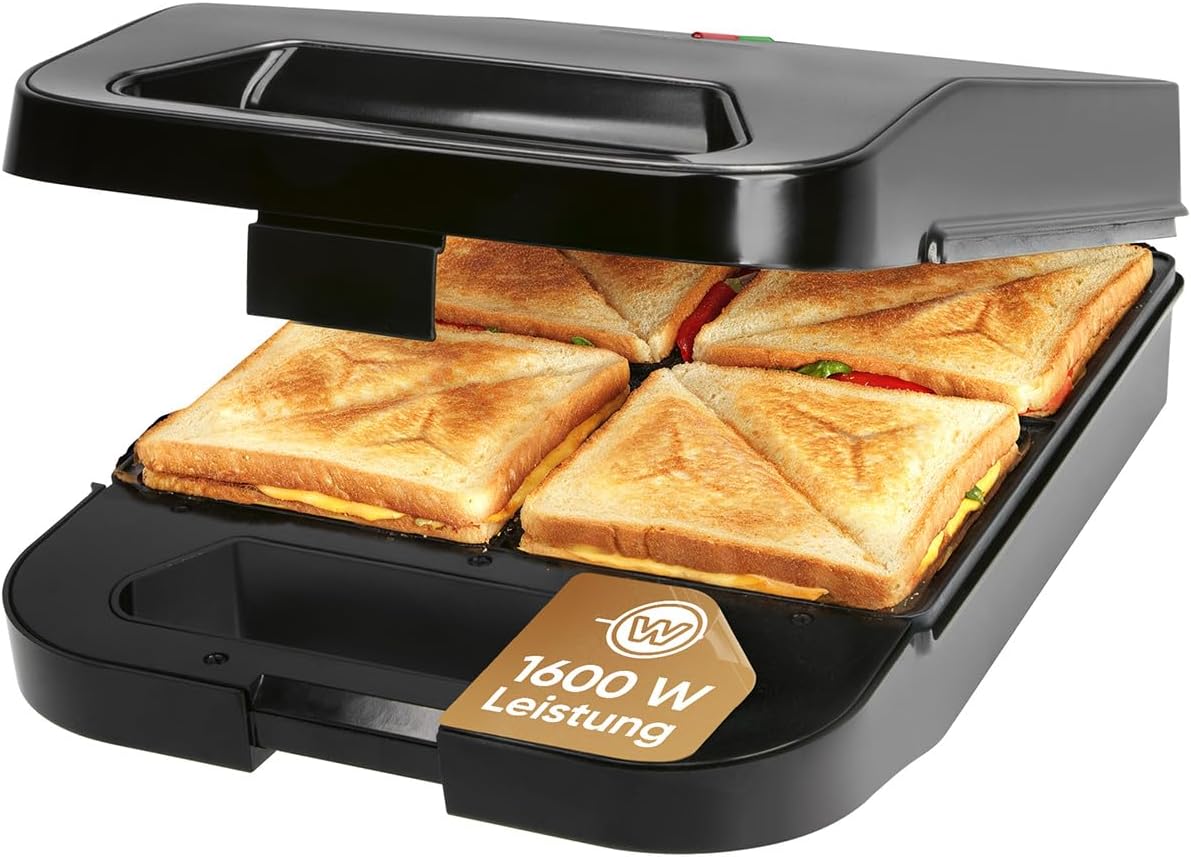 Sandwichmaker für 4 Sandwiches mit Antihaft-Platten, Schwarz