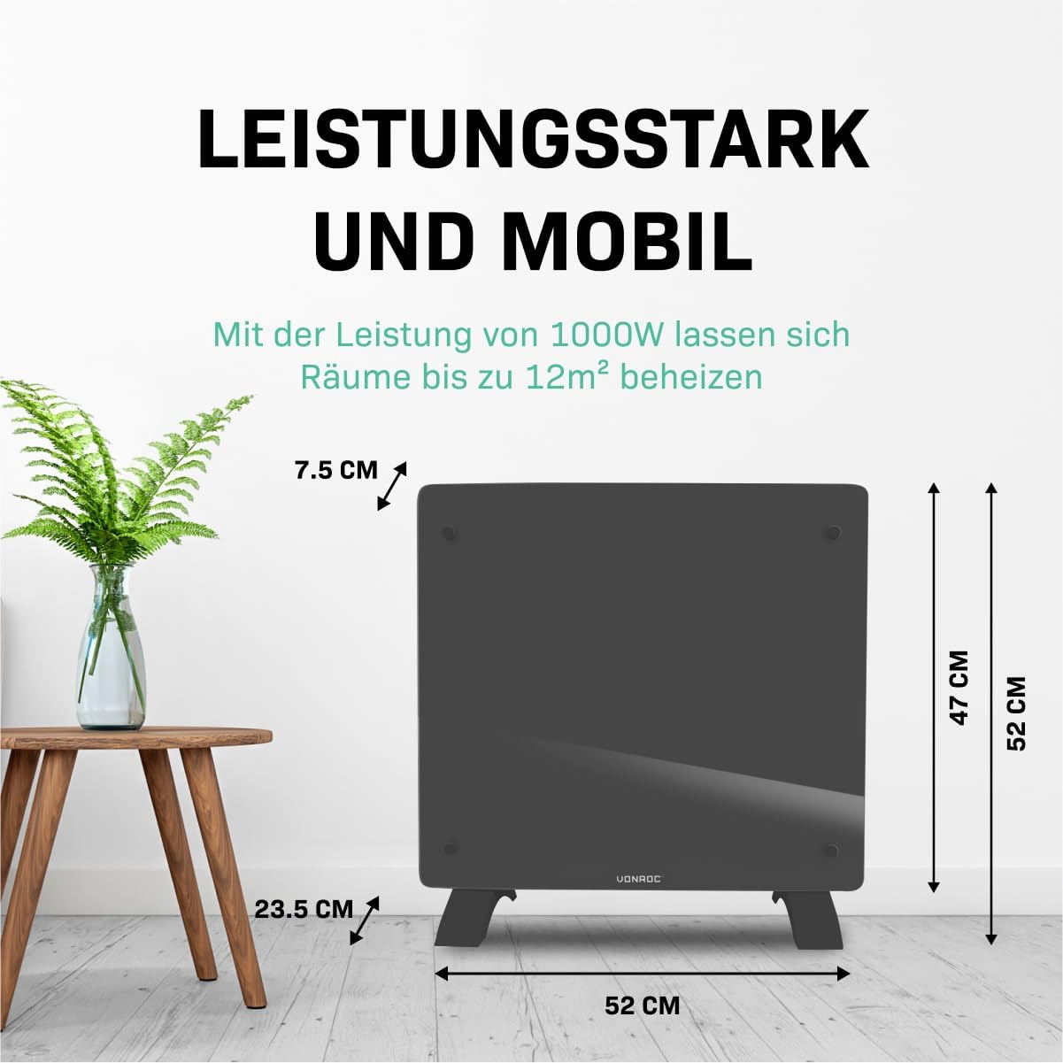 Konvektor-Heizung für Wand-/Bodenmontage mit App-Steuerung, 1000W, Grau